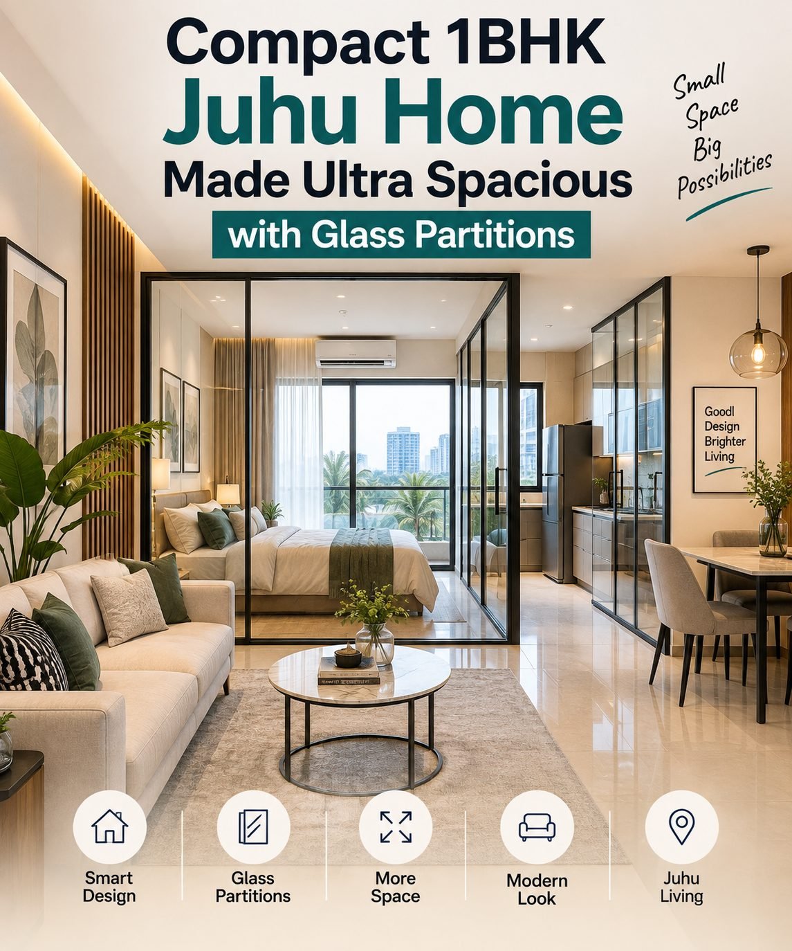 Compact 1BHK Juhu Home Made Ultra Spacious with Glass Partitions